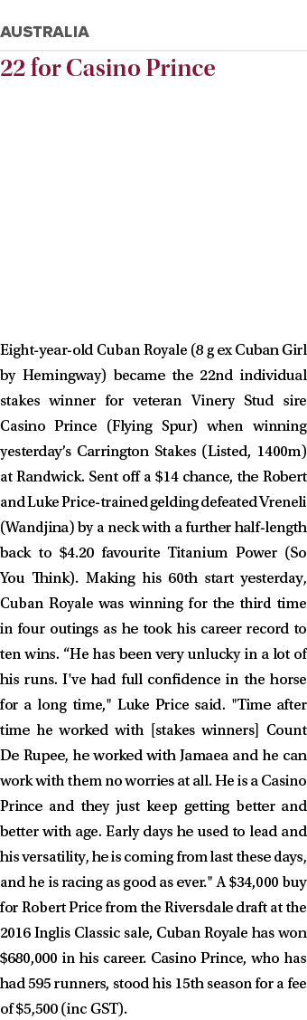  22 for Casino Prince Eight-year-old Cuban Royale (8 g ex Cuban Girl by Hemingway) became the 22nd individual stakes ...