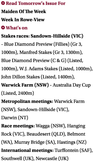  Read Tomorrow's Issue For Maiden Of The Week Week In Rowe-View What's on Stakes races: Sandown-Hillside (VIC) - Blu...