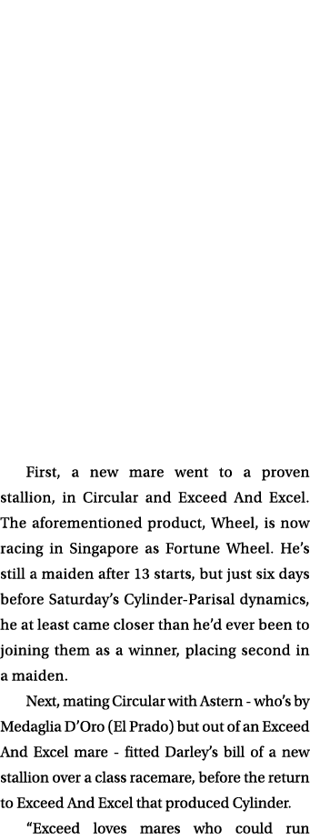 First, a new mare went to a proven stallion, in Circular and Exceed And Excel. The aforementioned product, Wheel, is ...