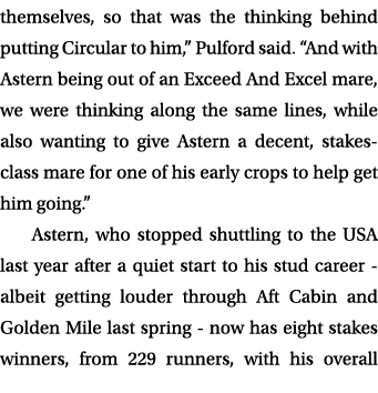 themselves, so that was the thinking behind putting Circular to him,” Pulford said. “And with Astern being out of an ...