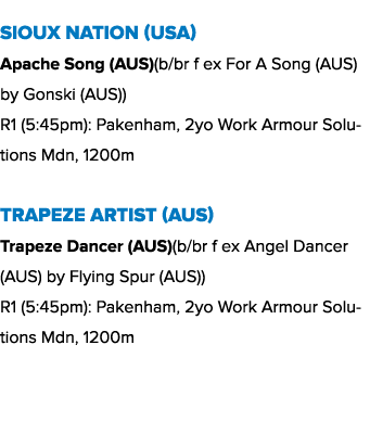 Sioux Nation (USA) Apache Song (AUS)(b/br f ex For A Song (AUS) by Gonski (AUS)) R1 (5:45pm): Pakenham, 2yo Work Armo...