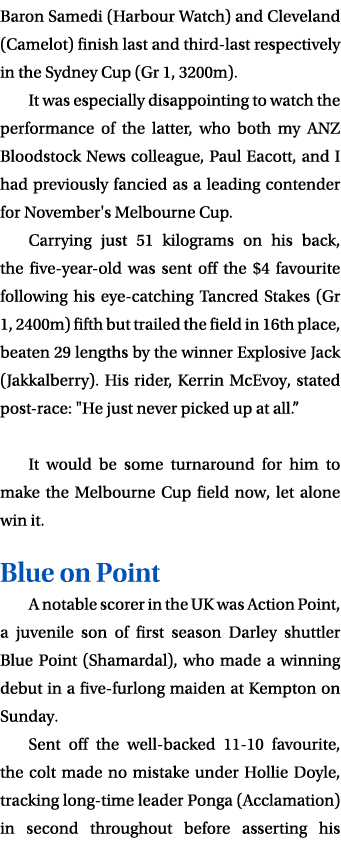 Baron Samedi (Harbour Watch) and Cleveland (Camelot) finish last and third last respectively in the Sydney Cup (Gr 1,...