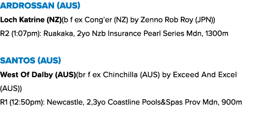 Ardrossan (AUS) Loch Katrine (NZ)(b f ex Cong’er (NZ) by Zenno Rob Roy (JPN)) R2 (1:07pm): Ruakaka, 2yo Nzb Insurance...