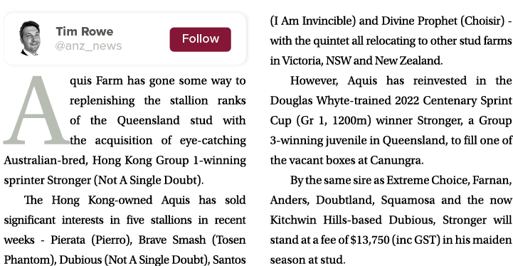 ￼ Aquis Farm has gone some way to replenishing the stallion ranks of the Queensland stud with the acquisition of eye ...