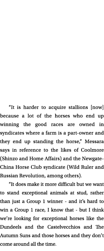 “It is harder to acquire stallions [now] because a lot of the horses who end up winning the good races are owned in s...