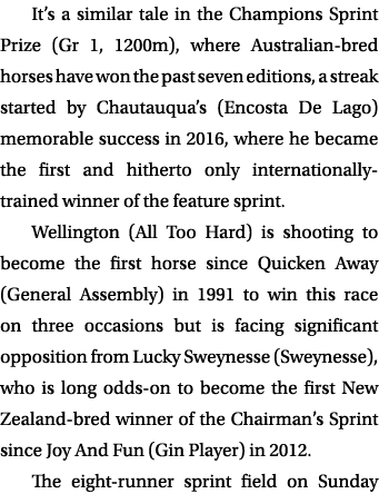 It’s a similar tale in the Champions Sprint Prize (Gr 1, 1200m), where Australian bred horses have won the past seven...