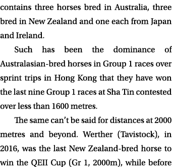 contains three horses bred in Australia, three bred in New Zealand and one each from Japan and Ireland. Such has been...