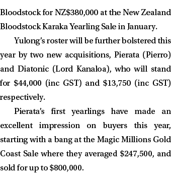 Bloodstock for NZ$380,000 at the New Zealand Bloodstock Karaka Yearling Sale in January. Yulong’s roster will be furt...