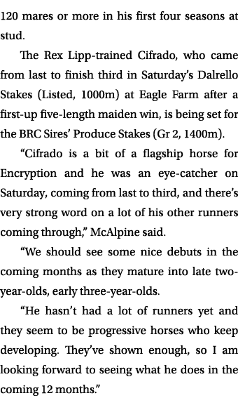 120 mares or more in his first four seasons at stud. The Rex Lipp trained Cifrado, who came from last to finish third...