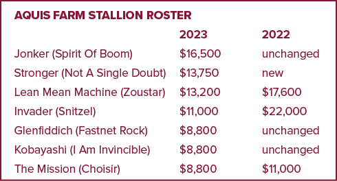 Aquis Farm stallion roster 2023 2022 Jonker (Spirit Of Boom) $16,500 unchanged Stronger (Not A Single Doubt) $13,750 ...