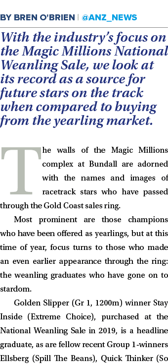  With the industry’s focus on the Magic Millions National Weanling Sale, we look at its record as a source for future...