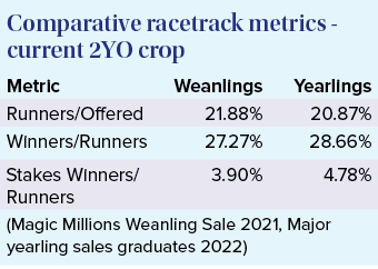 Comparative racetrack metrics - current 2YO crop,