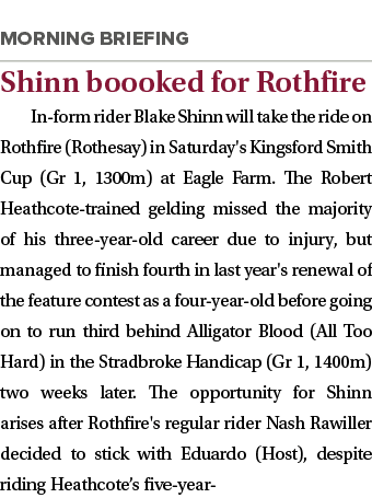 ￼ Shinn boooked for Rothfire In form rider Blake Shinn will take the ride on Rothfire (Rothesay) in Saturday's Kingsf...