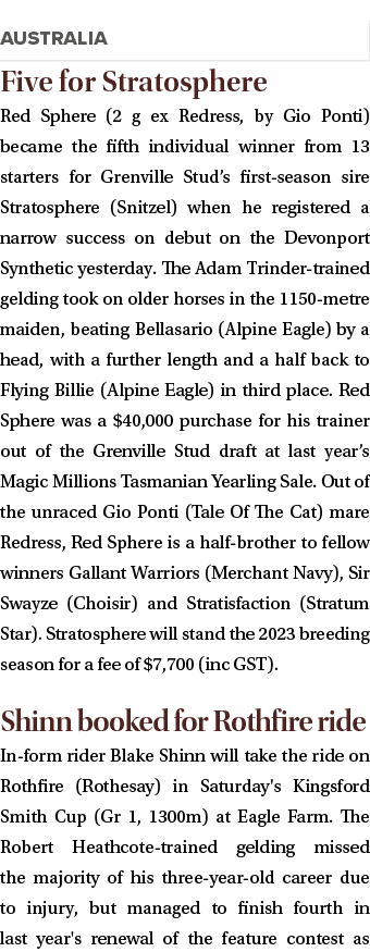 ￼ Five for Stratosphere Red Sphere (2 g ex Redress, by Gio Ponti) became the fifth individual winner from 13 starters...