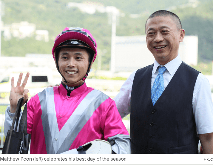 Matthew Poon (left) celebrates his best day of the season HKJ