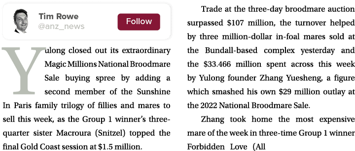 ￼ Yulong closed out its extraordinary Magic Millions National Broodmare Sale buying spree by adding a second member o...