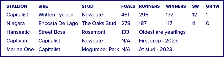 Stallion Sire Stud Foals Runners Winners SW GR 1w Capitalist Written Tycoon Newgate 461 296 172 12 1 Niagara Encosta ...