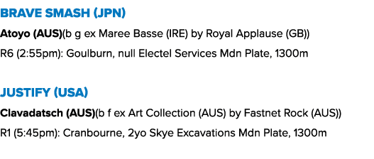 Brave Smash (JPN) Atoyo (AUS)(b g ex Maree Basse (IRE) by Royal Applause (GB)) R6 (2:55pm): Goulburn, null Electel Se...