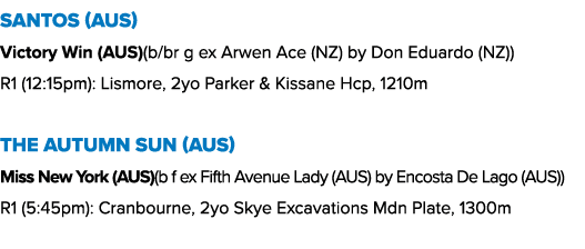 Santos (AUS) Victory Win (AUS)(b/br g ex Arwen Ace (NZ) by Don Eduardo (NZ)) R1 (12:15pm): Lismore, 2yo Parker & Kiss...