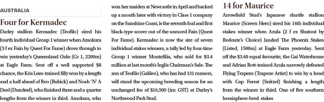 ￼ Four for Kermadec Darley stallion Kermadec (Teofilo) sired his fourth individual Group 1 winner when Amokura (3 f e...